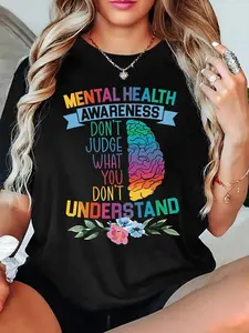 Mental Health Awareness Women's Casual Short Sleeve Crew Neck Cotton T-Shirt – Bestselling Advocacy Graphic Print, Black, Machine Washable Spring & Summer Top, Soft Skin-Friendly Fabric, Daily Versatile, Fashionable Design