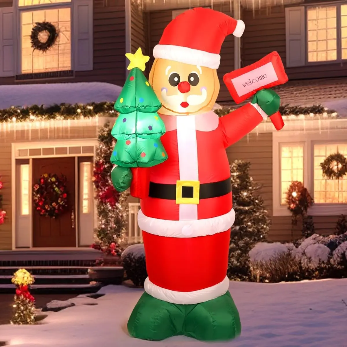 6Ft Giant Christmas Inflatables Santa Gingerbread with LED Lights & Gift Box, Blow Up Santa Claus, Indoor/Outdoor Xmas Decor for Holiday Patio Garden Yard