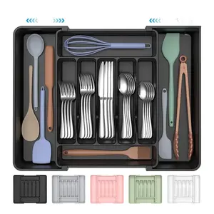 Expandable Silverware Organizer for Kitchen Drawer, Adjustable Cutlery Tray Holder for Spoons Forks Knives, BPA-Free Food Safe Utensil Organizer, Black