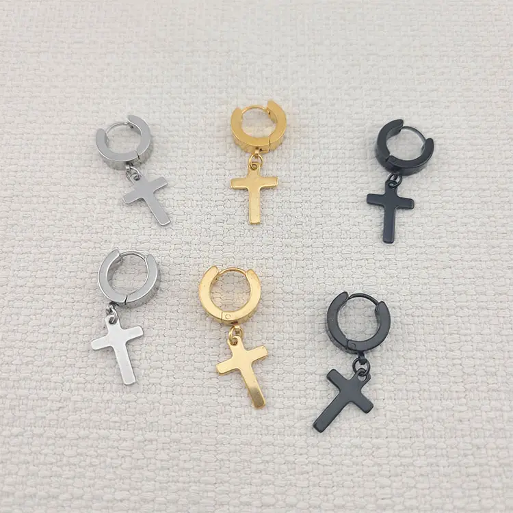 FWJ Unisex Cross Dangle Earring, Minimalist Gold-Plated Stainless Steel Hoops, Anti-Tarnish Spiritual Jewelry, Elegant Minimalist Earrings, Earring Stack, Hooped, Anti-Tarnish Care Keeps Color Fresh, Stainless Steel Resists Daily Wear, Steel Core, Luxe Fi