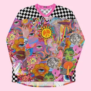 Trippy Colorful Rave Jersey – Cosmic Disco Hockey Shirt, Psychedelic Festival Outfit, Trippy Y2K Clubwear, Long Sleeve Rave Top