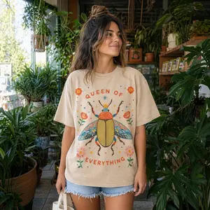 Vintage Beetle Graphic Tee Women Queen Of Everything Boho Floral Insect Shirt