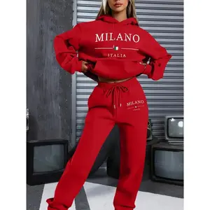 1set Milano Italy Theme Women's Casual Sweatshirt and Sweatpants Set - Long Sleeve Pullover with Hood, Cartoon Print, Polyester Knit Fabric, Pockets - For Autumn/Winter - Perfect for Women - Cozy and Stylish Loungewear(Sheets)