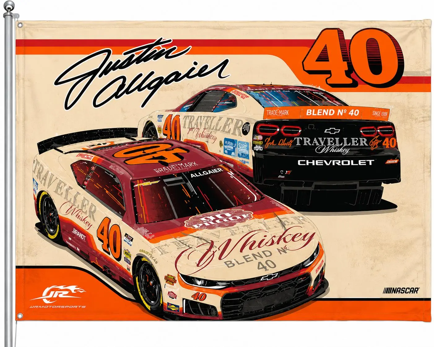 Justin Allgaier #40 Traveller Whiskey 3x5FT Racing Flag, NASCAR Wall Banner, Garage Man Cave Decor