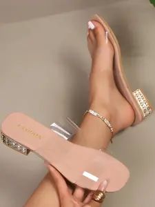 Versatile Transparent High Heel Sandals, Square Toe Rhinestone Thick Heel, Summer Commuter Open-Toe Women's Shoes
