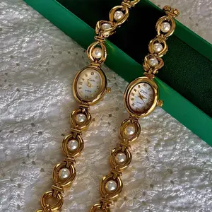 Women��s Vintage-Style Quartz Watch with Pearl Bracelet �C Gold-Tone Oval Analog Display, Alloy Case & Band, Non- �C Ideal Gift for Valentine��s, Easter, Birthdays, Mother��s Day