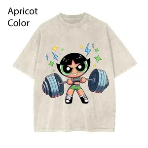 Powerpuff Strong Gym Girl Shirt, Cartoon Workout Tee, Kawaii Fitness Graphic T-Shirt, Apricot Vintage Washed Shirt, Y2K Aesthetic Streetwear, Girl Power Gym Outfit Gift Womenswear Top