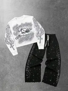 Men's Sportswear Set, Sweatsuit Sets, Angel Print Loose Short Pullover Sweatshirt & Straight Casual Sports Pants, Daily Versatile Fashion Trend