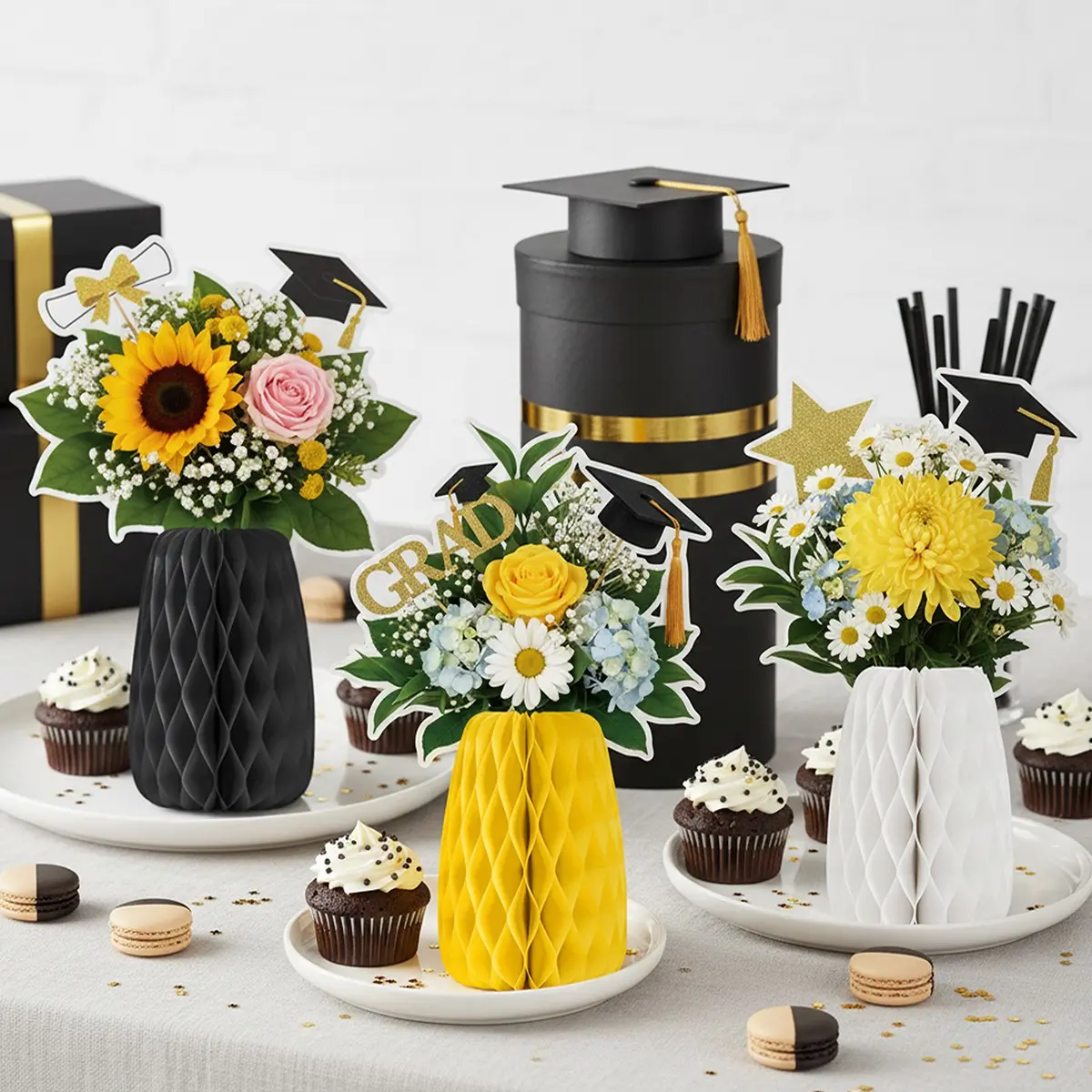 3pcs Graduation Flower Honeycomb Centerpieces, Paper Sunflower Rose Daisy Table Decorations, Grad Cap & Star Toppers, Party Supplies, Decoration Set