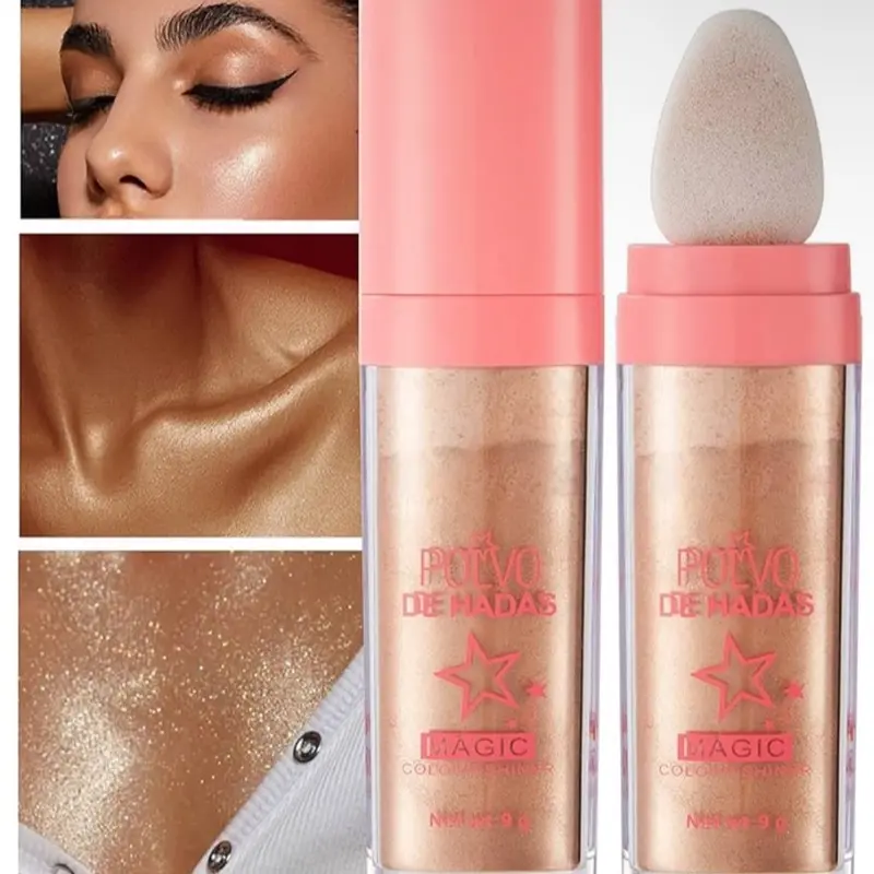 GL-Turelifes Hightlighter Stick Puff Fairy Glitter Loose Powder Brush Stick Contouring, Shimming Powder for Eyes, Face, Body (#03 Gold Brown)