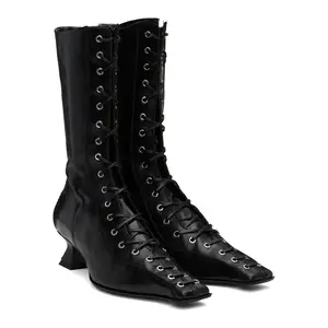 Women's Vintage Mid-Calf Witch Boots, 70s Retro Faux Leather Footwear with Kitten Heel, Square Toe, Zipper, Lace & Wide Calf - Fall Western Costume Granny Booties,summervibes outdoorfun