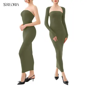 REORIA Womenswear Women's Clothes Sexy Strapless Bodycon Fashion Maxi Dress & Long Sleeve Bolero Shrug Going Out Set for Beach & Outdoor Fun - Casual Wear, Party, Weddings, Concerts - Soft Stretchy Ribbed Fabric