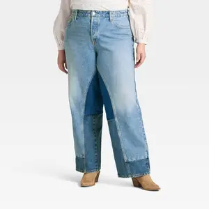Women's Mid-Rise 90's Baggy Denim Jeans - Universal Thread Medium Wash/Patch Work 28