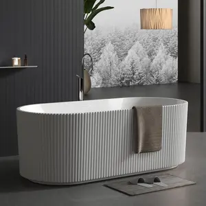 Textured Stripes Acrylic Freestanding Bathtub, Deep Soak Luxury Spa Tub, Glossy Finish Space-Saving Stand Alone Bathtub for Modern Bathroom