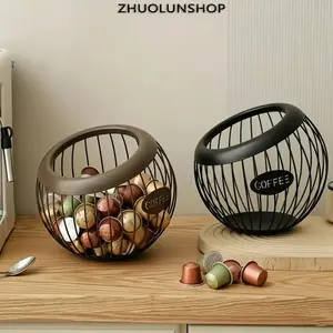 Spherical Metal Wire Coffee Capsule Storage Basket - Large-Capacity Countertop Holder, 2 Heights for Nespresso K Cup Dolce Gusto, Space-Saving Organizer for Home Kitchen