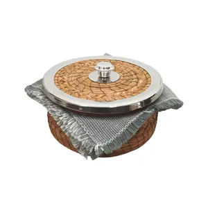 Tortilla Warmer Basket Pine Needle Handwoven with Handloomed Cloth (Metal Rim)
