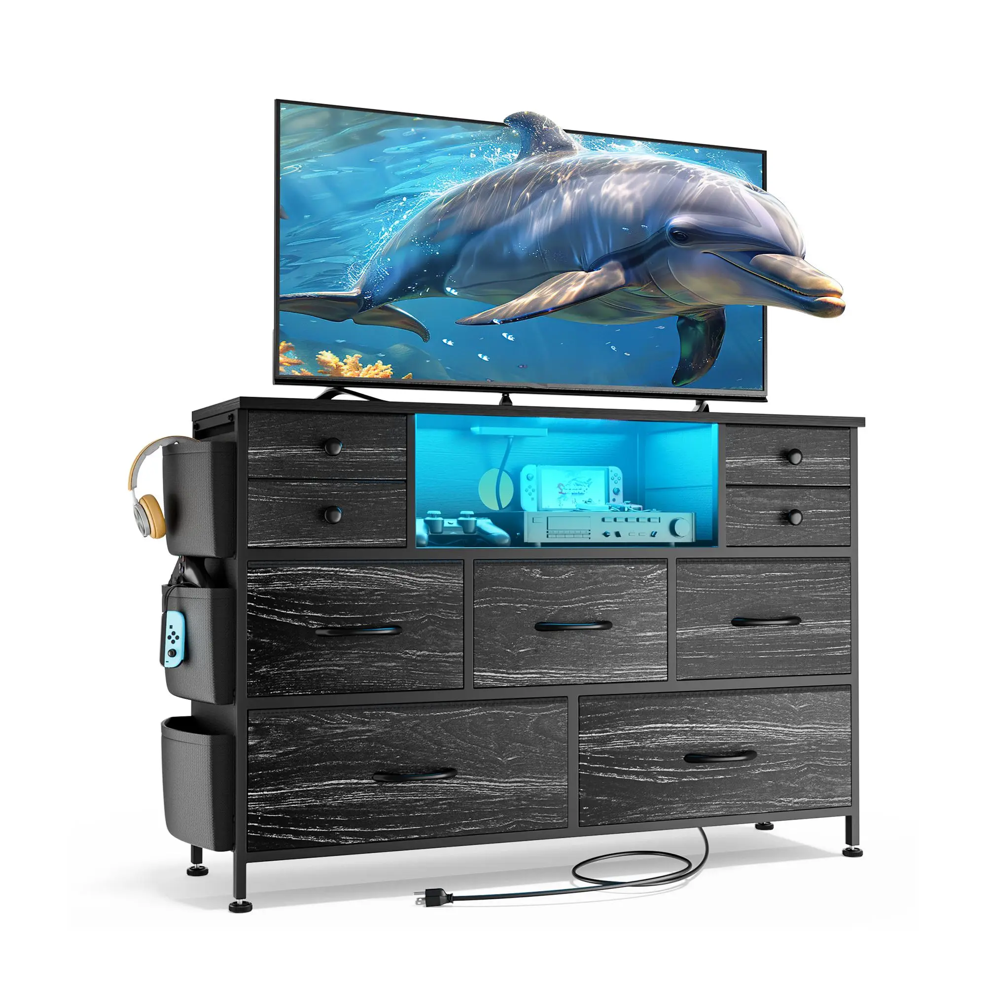 9 Drawer Dresser, TV Stand with Fabric Drawers with LED Lights & Power Outlets, Open Shelves & Side Pockets for Living Room