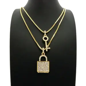 MaxBling81 Unisex Hip Hop Iced CZ Key & Padlock Pendant Necklace Stack, 2mm 20"-24" Gold Plated Box Chain Link Necklaces, Costume Fashion Accessory, Padlock Pendant Necklaces