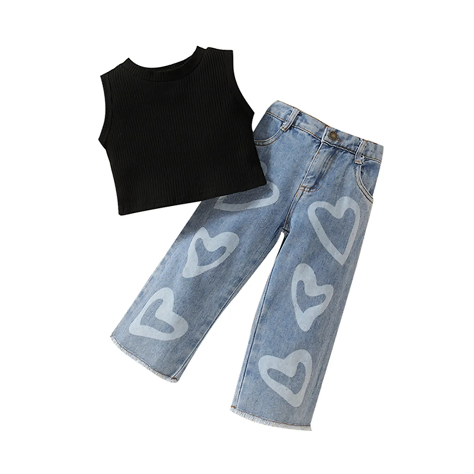 Toddler Girls Clothes 2T 3T 4T 5T 6T Ribbed Baby Kids Girl Denim Summer Outfits Sleeveless Tank Tops Jeans Pants