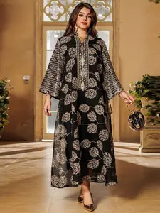 Women's Floral Embroidery Sequin Woven Islamic Dress, Elegant Chic Long Sleeve Arabic Clothing for Party Holiday Wedding Guest, Ladies Spring & Fall Clothes