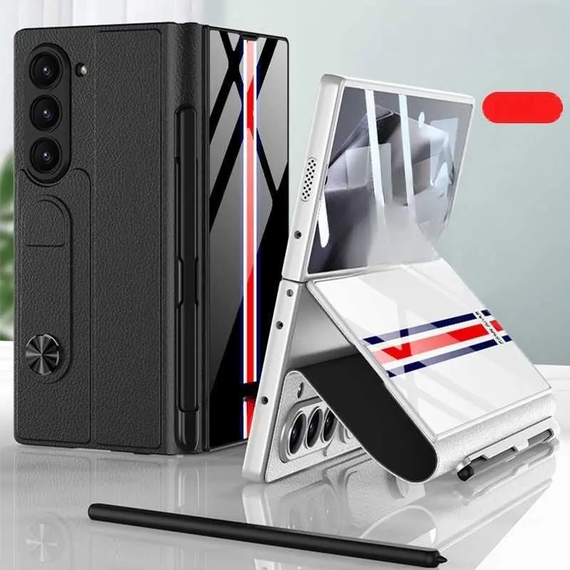 Case and Screen Protector 2-in-1 For Samsung Galaxy Z Fold6 Foldable Flip Glass Phone Case For Galaxy Z Fold Business Pen Slot Cover HNP98PL