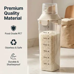 3 Specifications to Choose(1000Ml, 1500Ml, And 2000Ml)Food Storage Containers, Featuring a Clear Pantry Organization Design with a Measuring Cup Lid And an Easy Pour Spout.