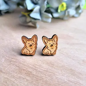 Whimsical Corgi Puppy Cherry Wood Stud Earrings with Stainless Steel Hardware, Perfect Accessory for Fashion and Dog Lovers