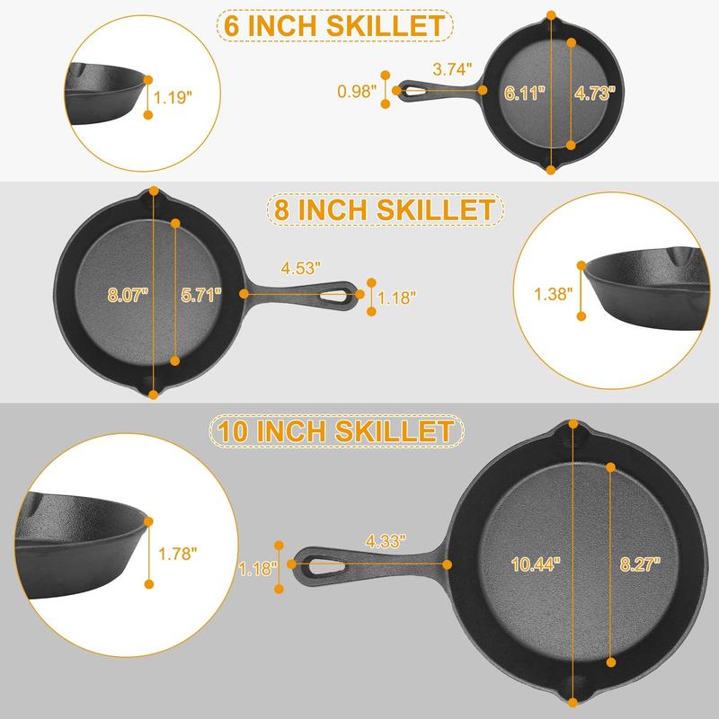 3Pcs Pre-Seasoned Cast Iron Skillet Set 6/8/10in Non-Stick Oven Safe Cookware Heat-Resistant Frying Pan Bake Induction caro te nonstick _