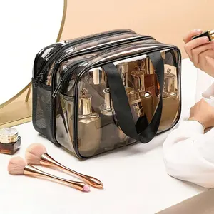 Transparent Double-Layer Travel Makeup Bag, Large-Capacity Portable Cosmetic & Toiletry Bag, Dustproof Waterproof Zipper Cosmetic Pouch, Makeup Organizer Bag, Travel Cosmetic Bag