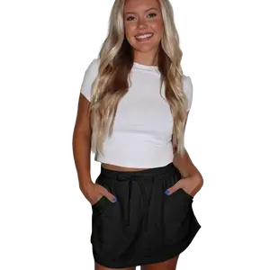French Terry Drawstring Mini Skort with Pockets for Women, Casual High Waist Skirt