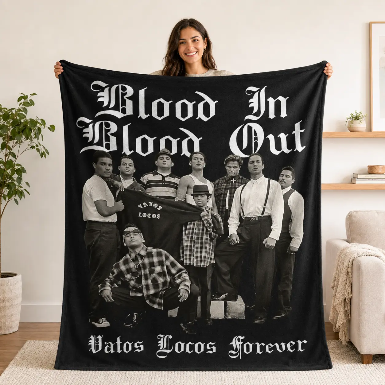 Bl00d In Bl00d Out Flannel Blanket, Vatos Locos Forever Black White Classic Movie Throw Blanket, Chicano Street Style Soft Cozy Blanket For Couch Bed Sofa Bedroom Man Cave Decor Gift