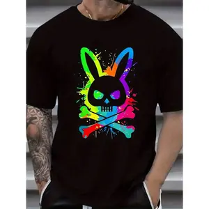 [Soft Cotton-Shirt] Soft, Breathable Men's Black Cotton-Shirt Colorful Skull Rabbit Print Summer Outdoor Wear,% Cotton,A Short Sleeved Shirt,Camisetas Para Hombre Cotton Shirt Camisas De Hombrenny Shirts