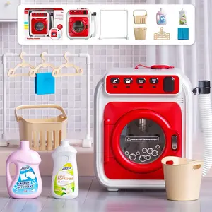 [Magic Toy] Kids Toy Washing Machine, Realistic Pretend Play Appliance for Girls, Interactive Toy Dollhouse Furniture, Play Washer Playset with Spinning Drum, Light & Sound Effects, Laundry Basket Set