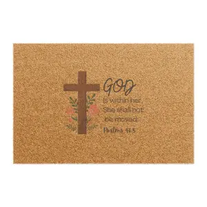Christian Welcome Doormat — "God Is Within Her" Cross & Floral Entry Mat