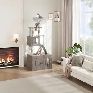 66.9" Cat Tree with Litter Box Enclosure, Modern Wood Tower with Hammock and Washable Cushions, Multi-Level Large Kitten Furniture Cabinet, Grey