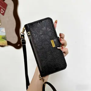 For Apple iPhone 17/16 Pro Max Wallet Crossbody Strap Case, Long Rope, Card Holder Foldable Stand Cover, Military Grade Protection, Soft TPU Black Silicone