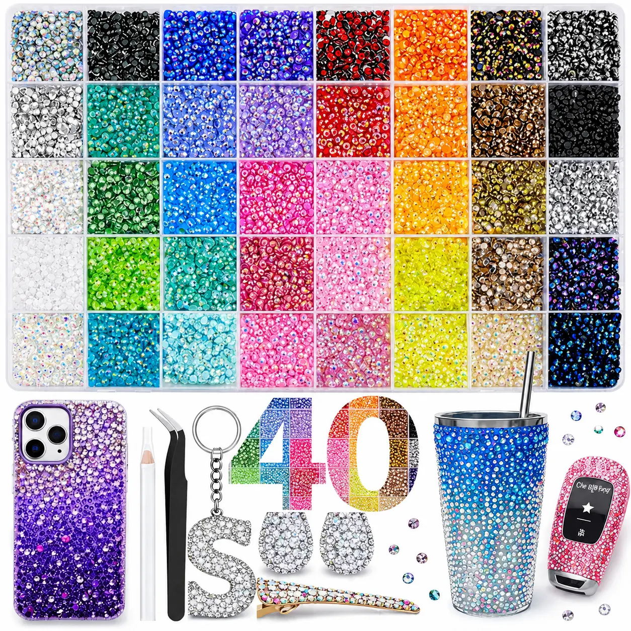 Jelly Resin Rhinestones Bedazzling Glitter Kit - 40 Color 3mm Flat Back Bling Decoration, 40000 Repairable Gems with Tool, Resin Jelly Rhinestones Nail Art Accessories for Crafts, Nails, Bling Rhinestone Decoration