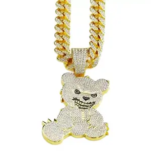 Unique Bear Pendant Necklace Mens Bling Cuban Link Chain Neckchain