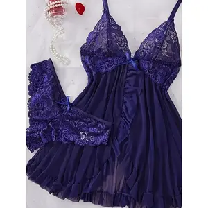 Mature Solid Color Polyester Elastane Knit Fabric 100g/m² Micro-Stretch Nightdress Set, Deep V Backless Sleeveless Bow Slit Asymmetrical Hem, with Lace Thong, for Women(Sheets)