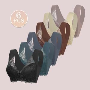 [ 6 pieces ] Women's seamless lace front button push up bra, soft, comfortable, simple, elegant, breathable wireless bra top, mesh lace bra V-neck, suitable for all seasons Multicolor Minimalist outdoorfun