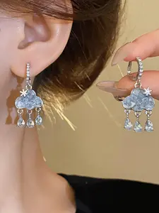Blue Rhinestone Cloud Tassel Raindrop Ear Buckles Trendy Women Earrings Versatile For Party Daily Wear Ideal Birthday Holiday Travel Gift For Women Mom Wife Friend, Trendy Jewelry