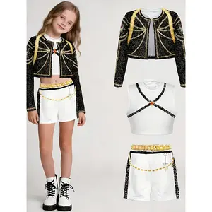 3pcs Kpop for Boys and Girls, Kids K Pop Performance Outfit Vocal Stage Outfits Idol Singers White Party Girl Group Stage Outfit Halloween Festival Cloth Cheerleading Dance Uniforms