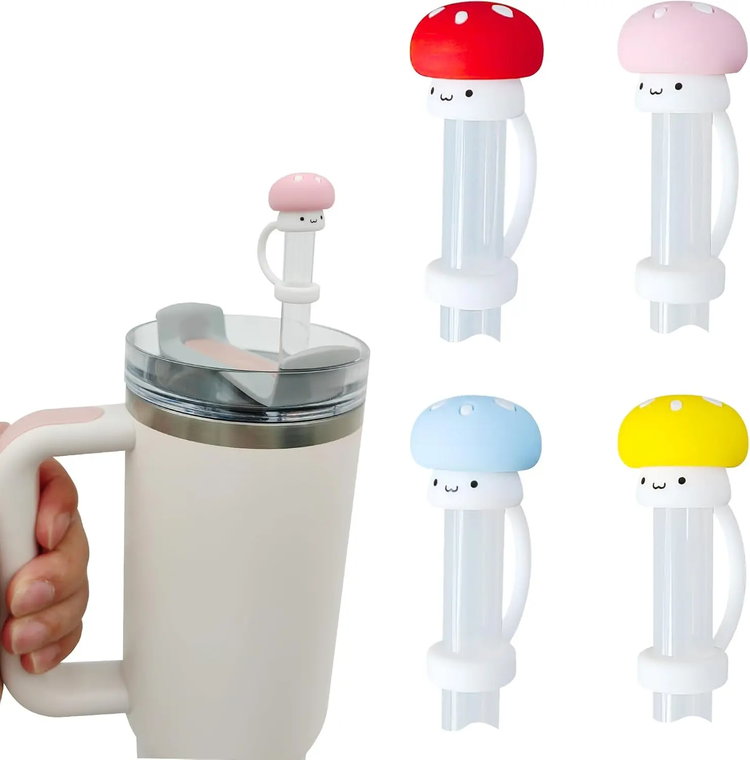 4 Pack Silicone Straw Covers Cap for Stanley Cup 30 40 oz, Cute Mushroom Straw Topper, Accessories for Stanley Cup Tumbler, Gifts for Women in Christmas