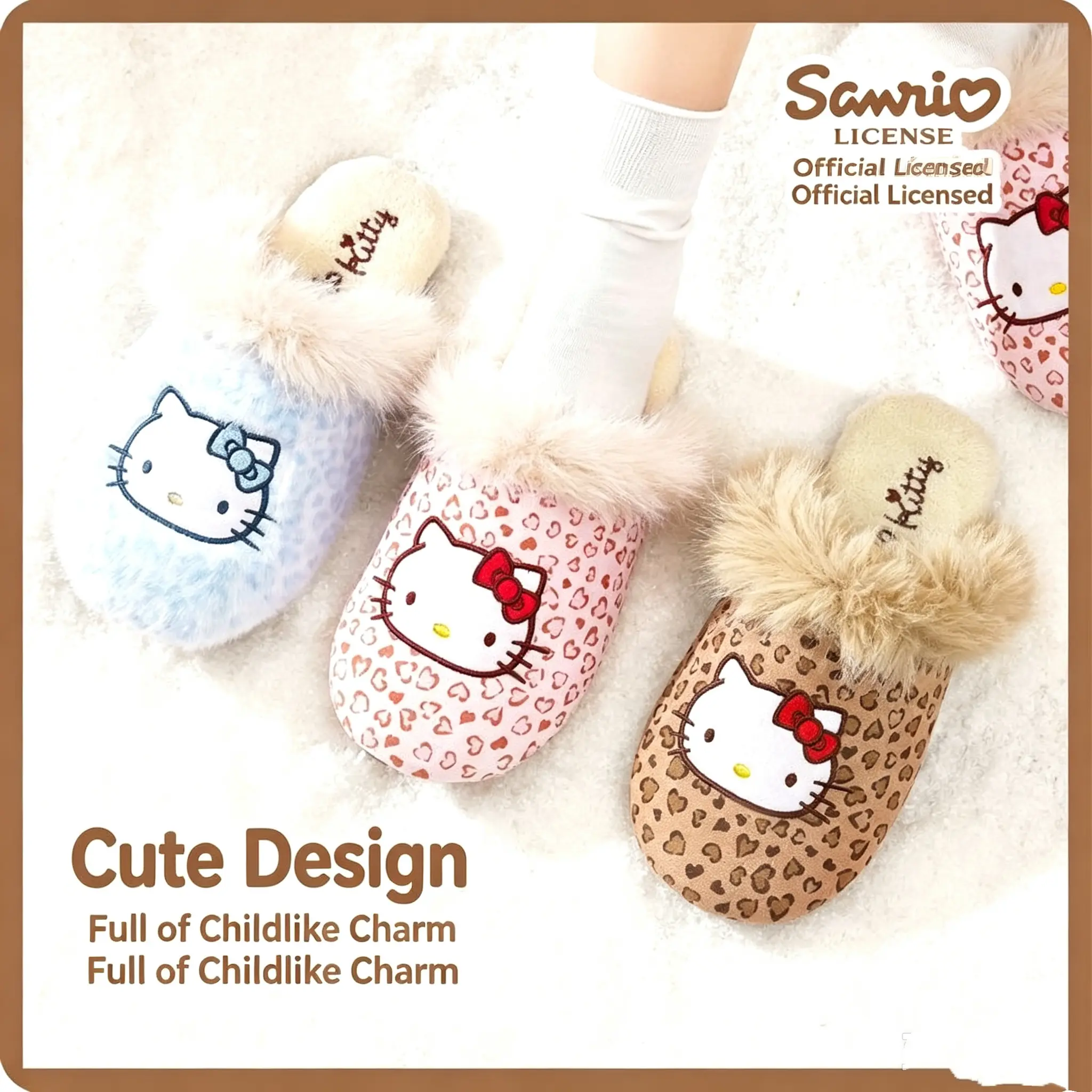 Sanrio Hello Kitty Women Winter Slippers, Cute Fuzzy Plush Warm Indoor Home Shoes, Anti-Slip Soft Cozy House Slippers