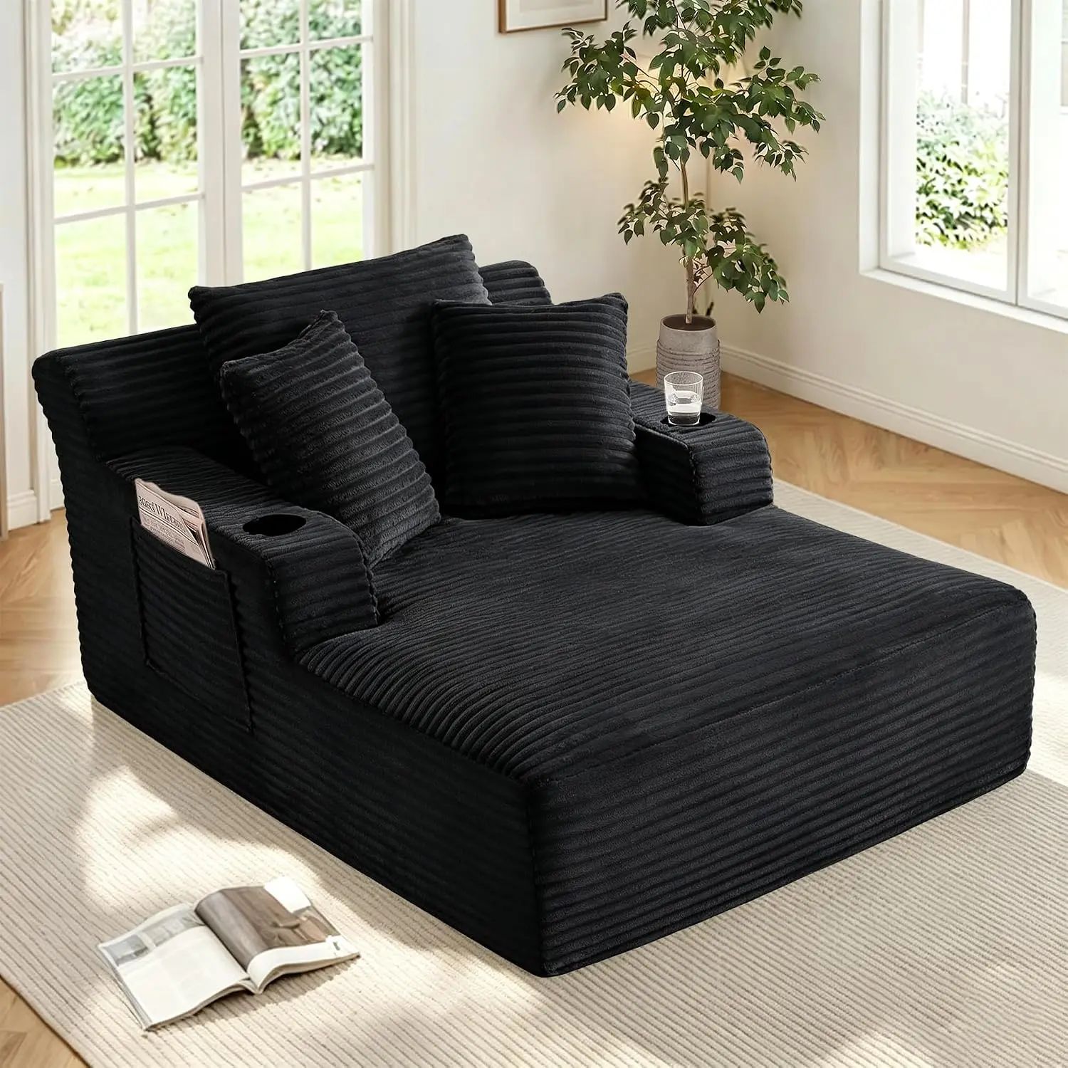 Oversized Chaise Lounge Chair Indoor Boneless Reading Chair Plush Corduroy Recliner with Cup Holders Large Deep Seat Comfy Sofa Bed Couch with 3 Pillows for Living Room Bedroom, No Assembly Required,Grey