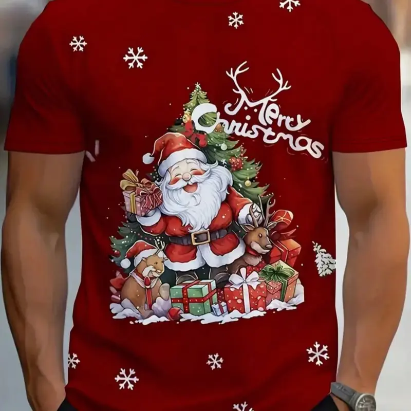 Men's Casual Christmas Santa Graphic Tee, Breathable Polyester Blend Fabric, Machine Wash Round Neck, Perfect for Summer & Outdoor Activities