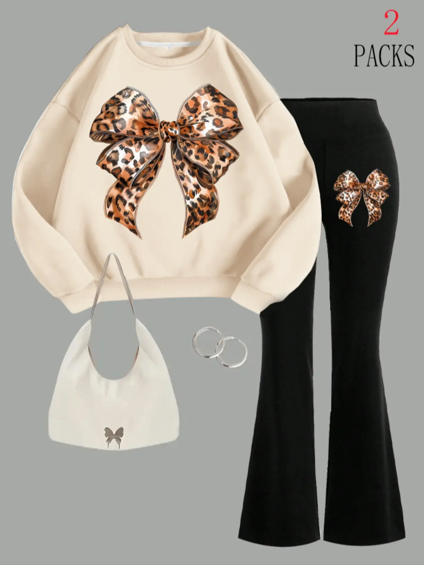 Women's Leopard Print Bowknot Long Sleeve Top Pullover & Flared Pants Set, Outfit, Casual Loose Fit Summer, Comfortable Two-Piece Suit for Outdoor Activities
