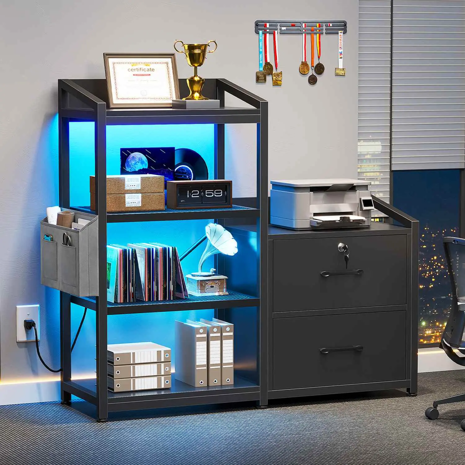 Sedeta 35.4-in Modern Wood-Metal Drawer Cabinet - Office Furniture, Bookshelf with Drawers, Letter/A4 File Storage, Power Cord, LED Lights, Lock, Open Shelves for Home Office Use