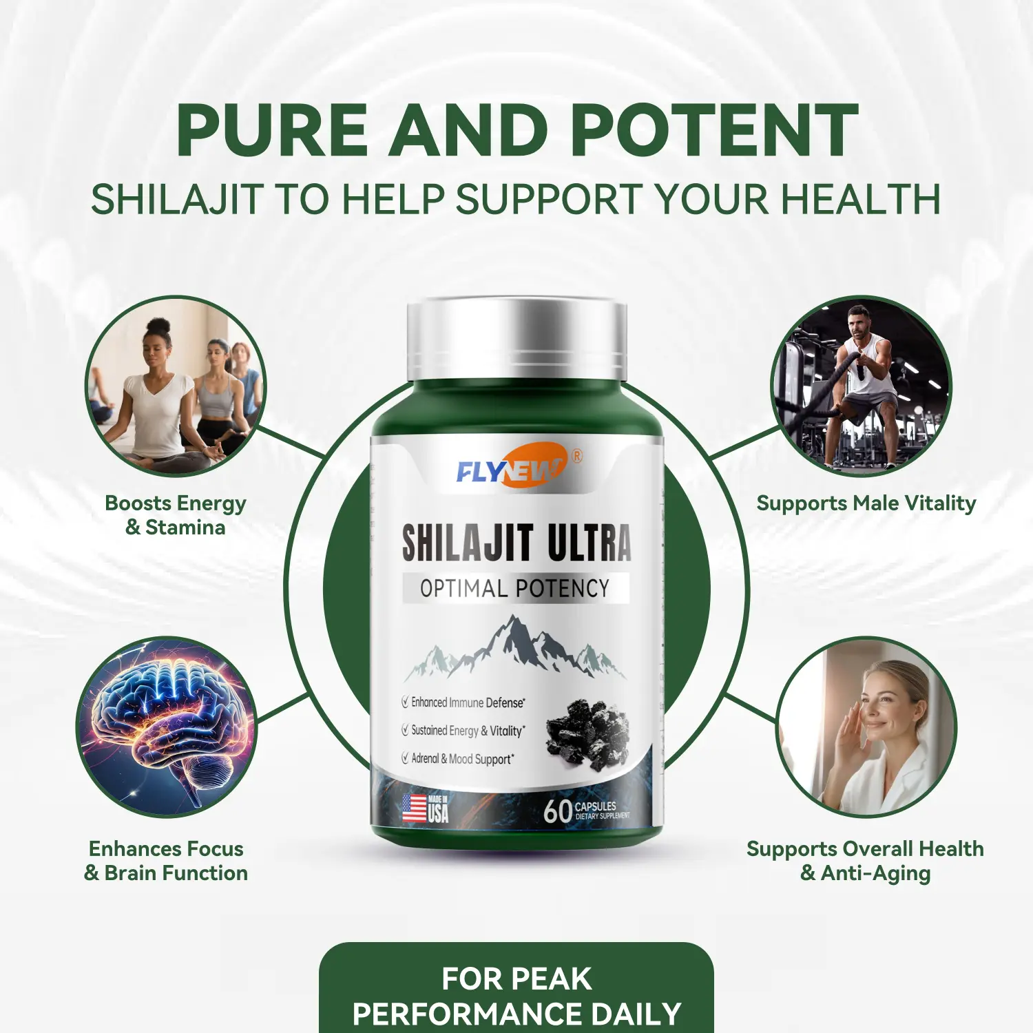 FLYNEW Shilajit for Men Women, Shilajit with Naturally Fulvic Acid & L-Arginine, Himalayan Shilajits for Extra Power, Stamina & Immune Support, Non-GMO, Made in USA, 60 Capsules, 1,300mg Per Serving