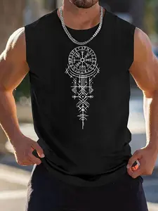 Viking Runestone Compass Print Sleeveless Vest, Nordic Vintage Style Men's Shoulder Pad, Casual Geometric Pattern Fitted Tank Top, Fitness Tank Top, Vest Tee